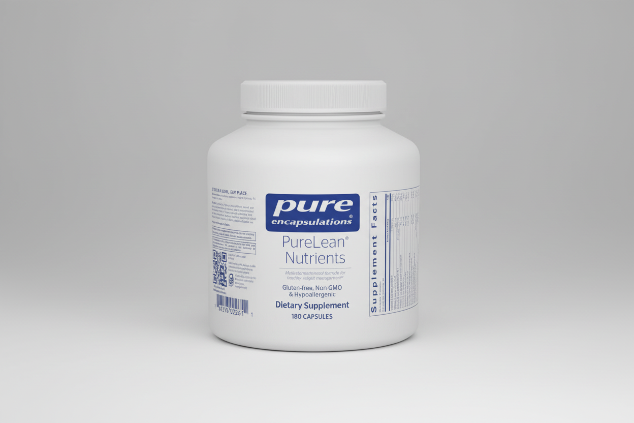 White supplement container labeled 'Pure Encapsulations PureLean Nutrients' on a white background