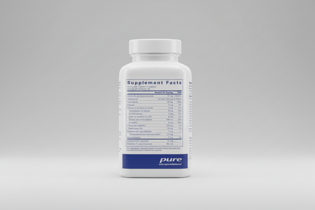 Supplement facts label for pure encapsulations on a white background