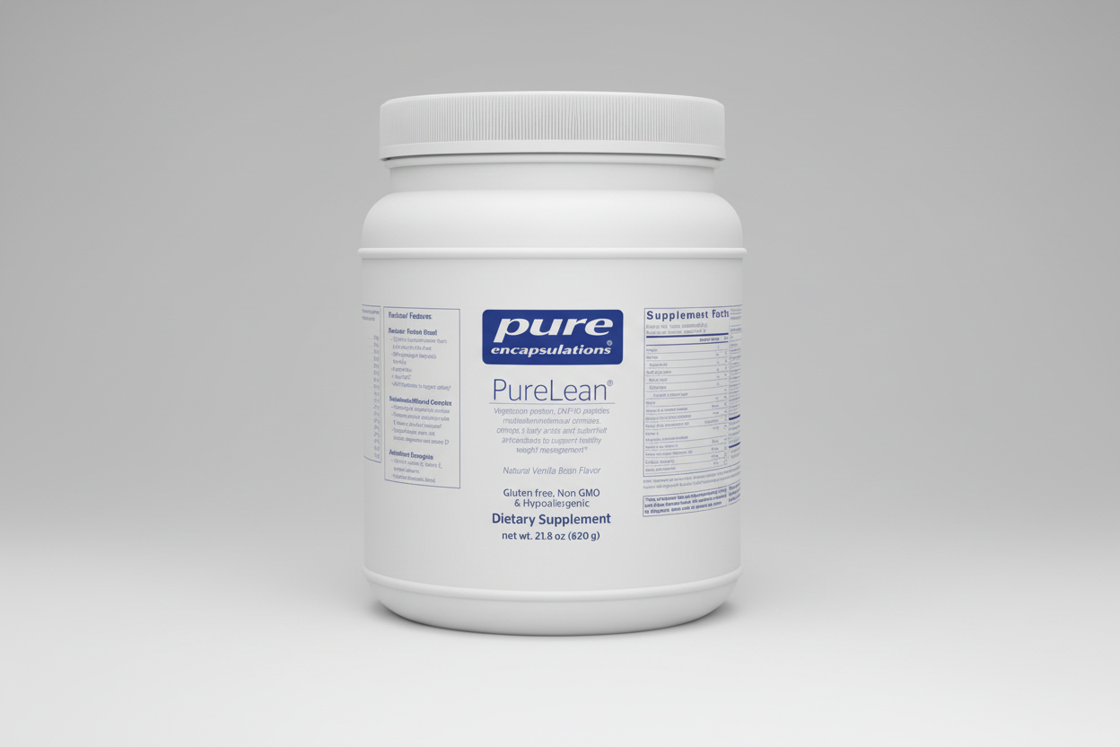 White container of PureLean dietary supplement with visible branding on a white background