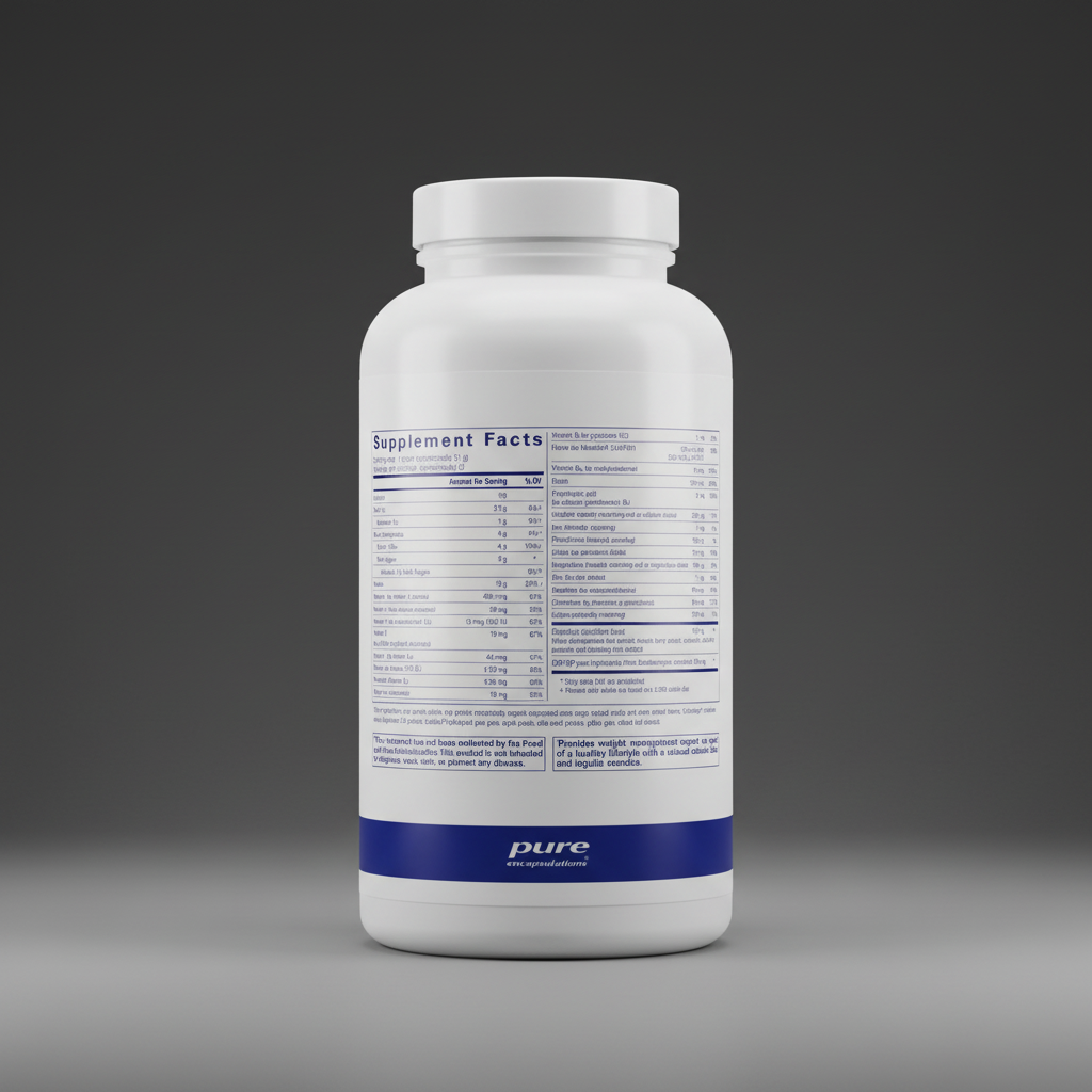 Supplement facts label for pure encapsulations product on a white background