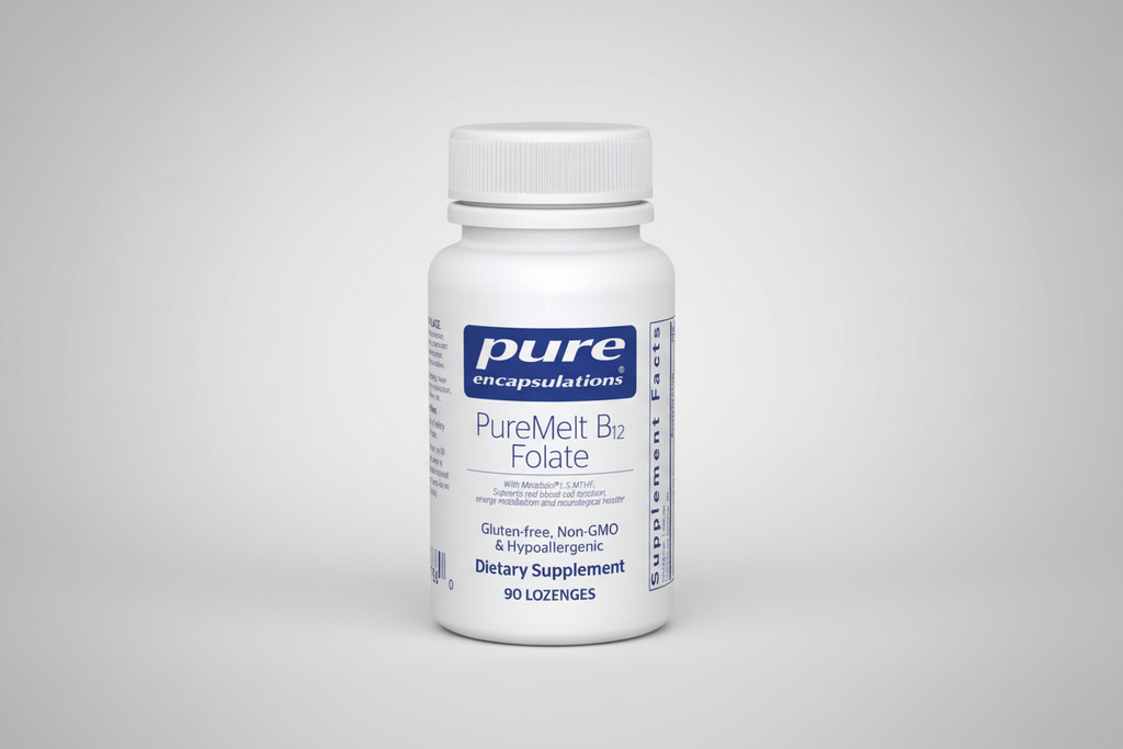 Supplement bottle labeled 'Pure Encapsulations PureMelt B12 Folate' on a white background