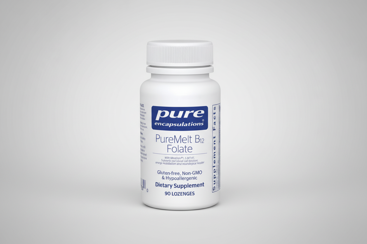 Supplement bottle labeled 'Pure Encapsulations PureMelt B12 Folate' on a white background
