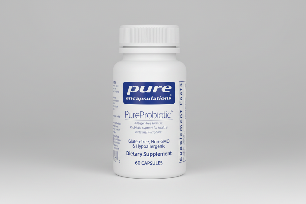 White bottle of Pure Encapsulations PureProbiotic dietary supplement on a white background