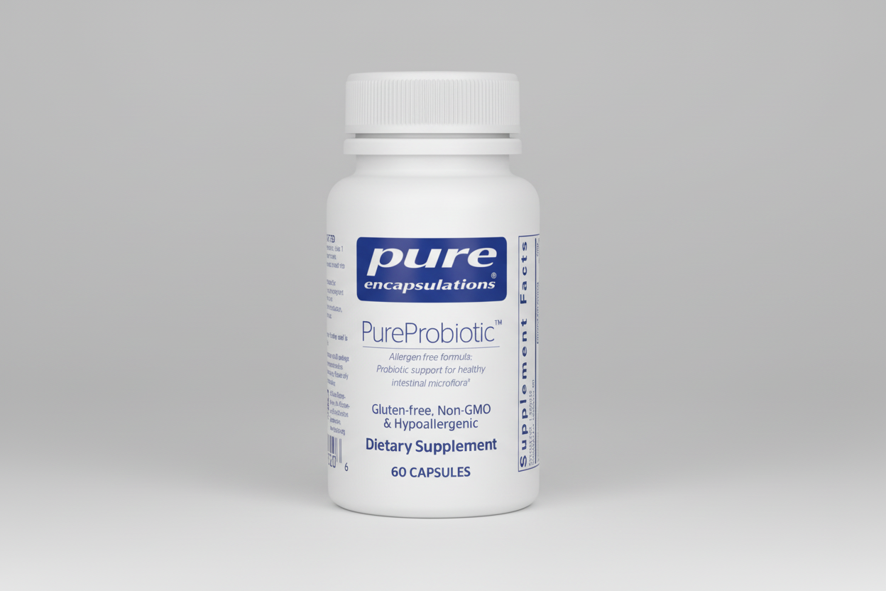 White bottle of Pure Encapsulations PureProbiotic dietary supplement on a white background