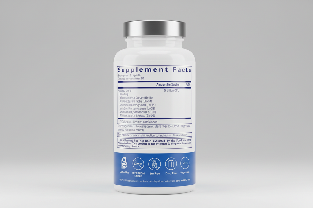 Supplement facts label with probiotic blend on a blue background