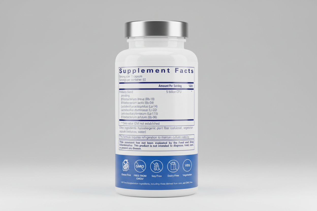Supplement facts label with probiotic blend on a blue background