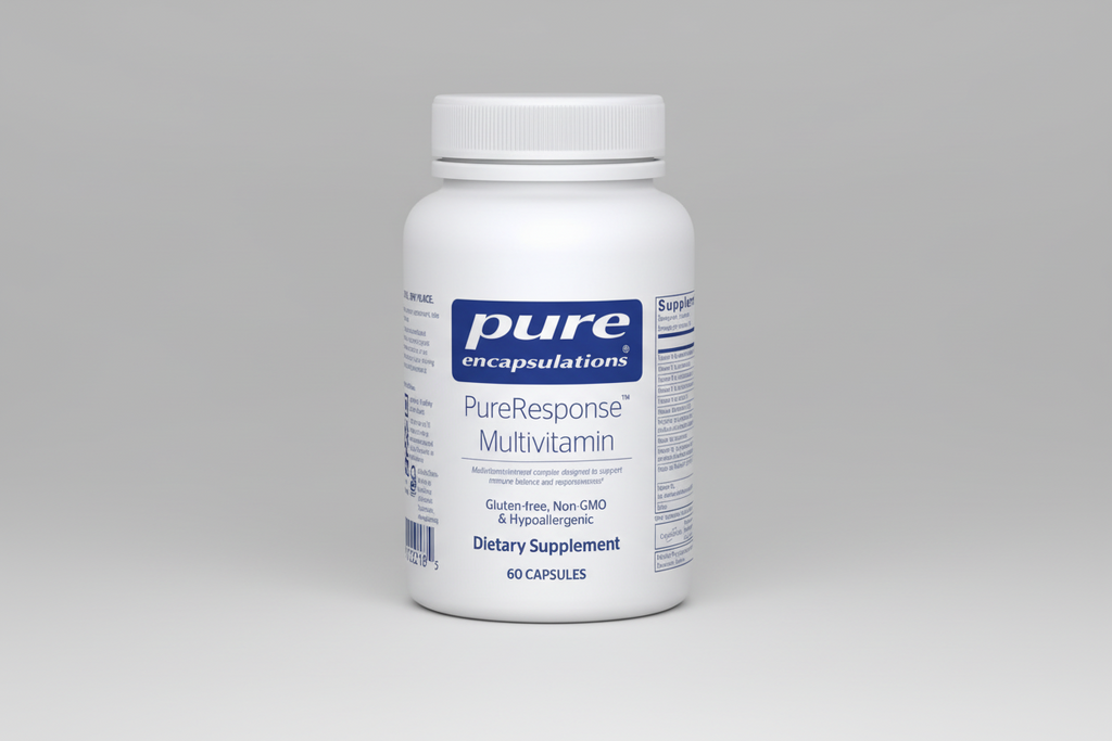 White supplement bottle labeled 'pure encapsulations PureResponse Multivitamin' on a white background