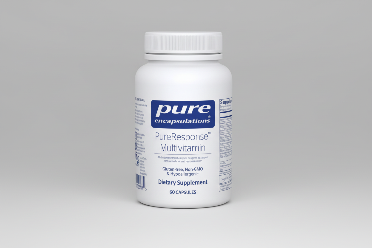 White supplement bottle labeled 'pure encapsulations PureResponse Multivitamin' on a white background
