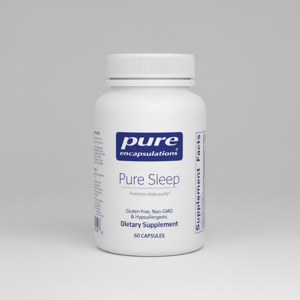 White bottle of Pure Encapsulations Pure Sleep supplement on a white background