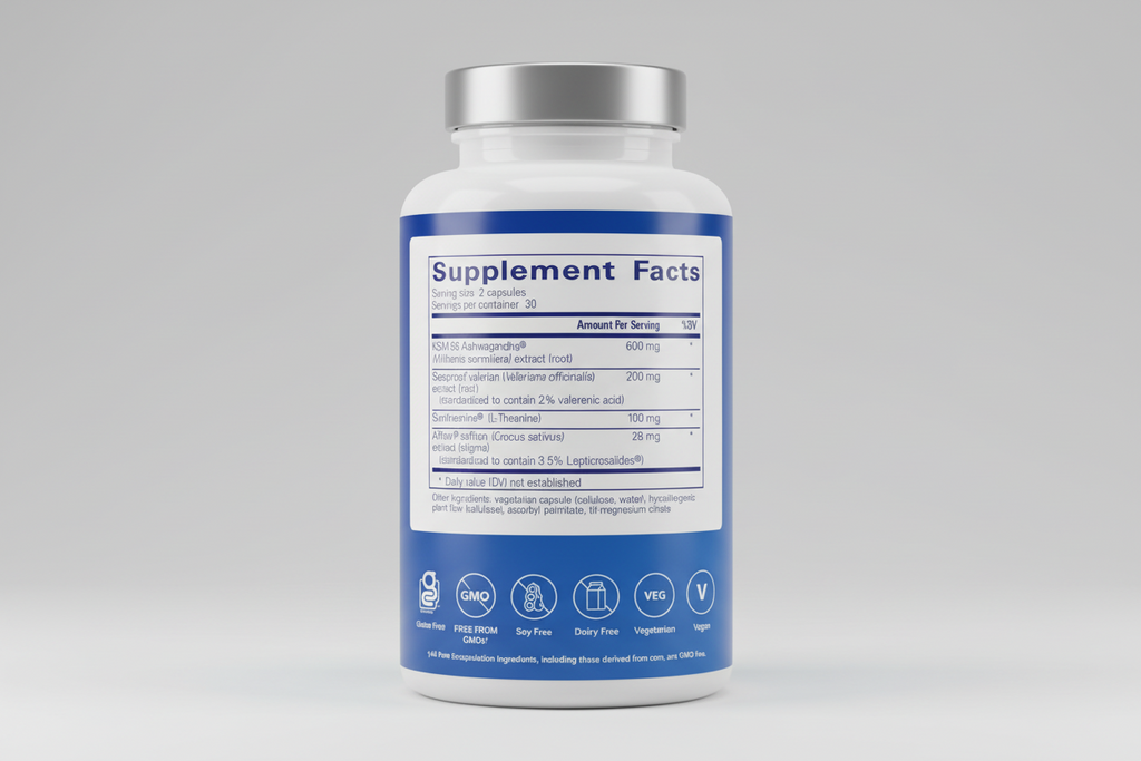 Supplement facts label on a blue background with icons indicating dietary restrictions and vegetarian/vegan status.