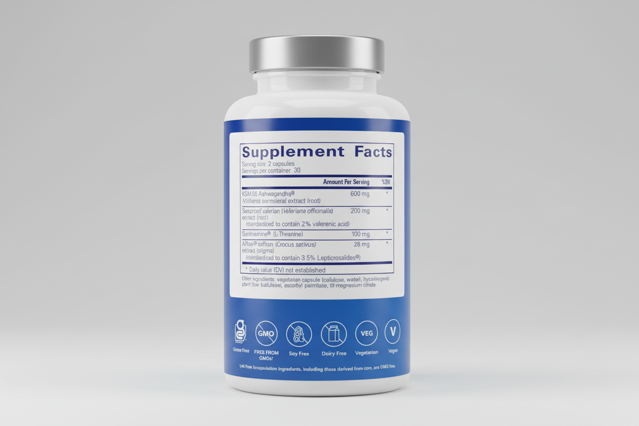 Supplement facts label on a blue background with icons indicating dietary restrictions and vegetarian/vegan status.