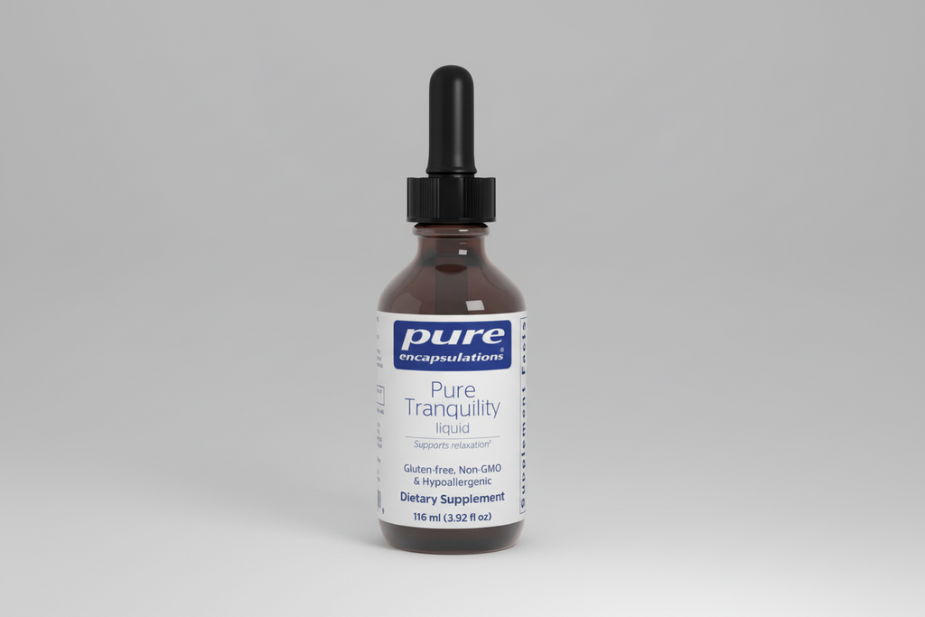 Bottle of Pure Encapsulations Pure Tranquility liquid dietary supplement on a white background