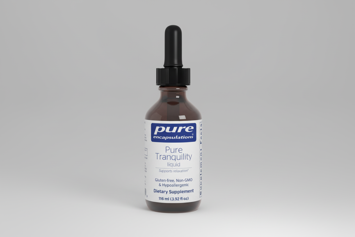Bottle of Pure Encapsulations Pure Tranquility liquid dietary supplement on a white background