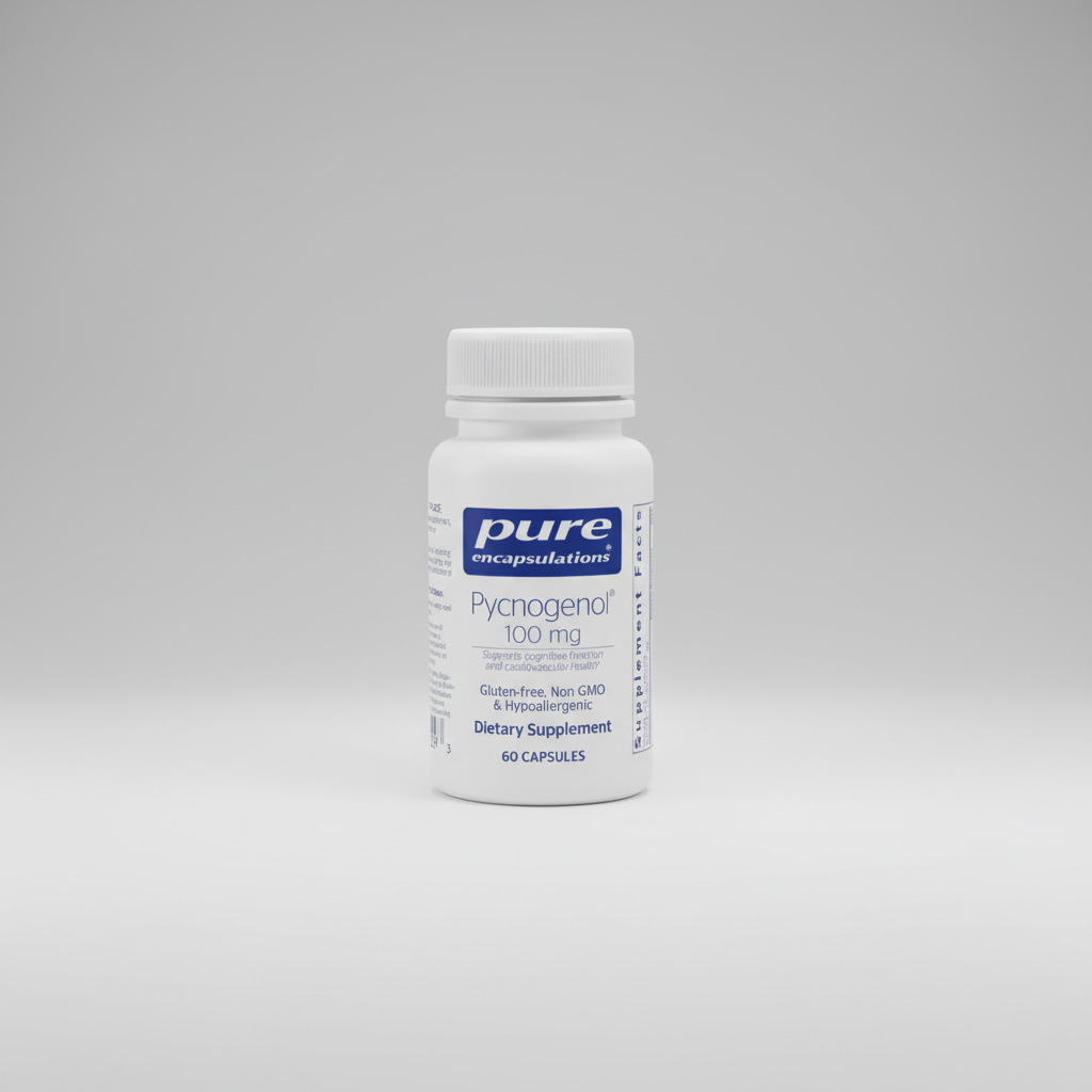 Supplement bottle labeled 'pure encapsulations Pycnogenol 100 mg' on a white background