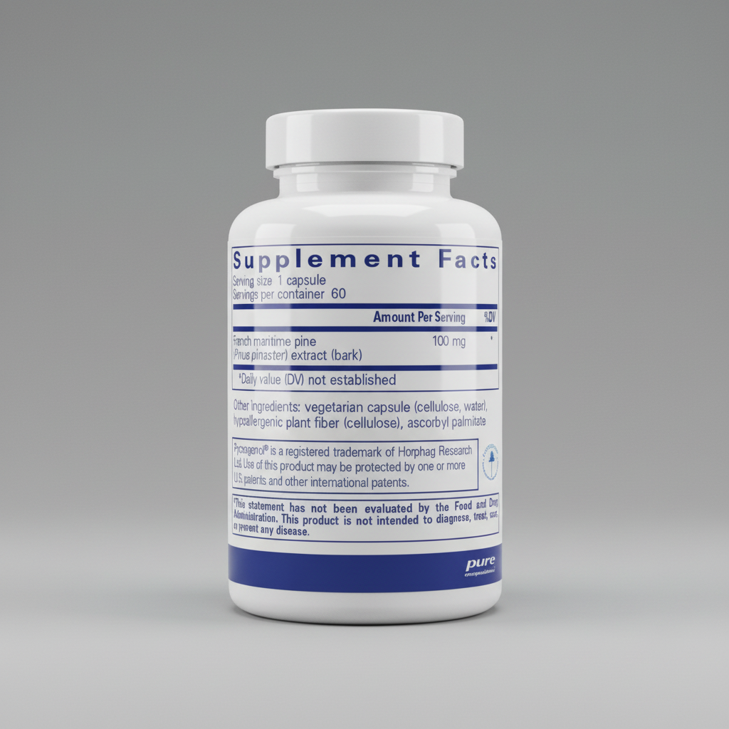 Supplement facts label for a product containing French maritime pine extract, with 'pure encapsulations' branding.