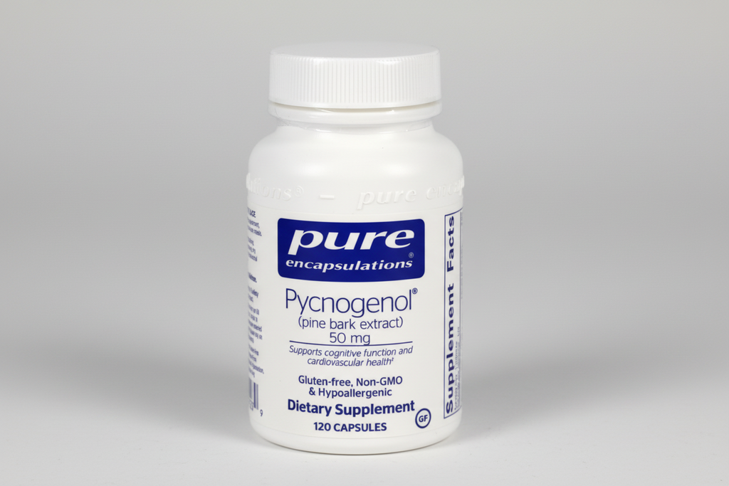 Supplement bottle labeled 'pure encapsulations' with Pycnogenol on a white background
