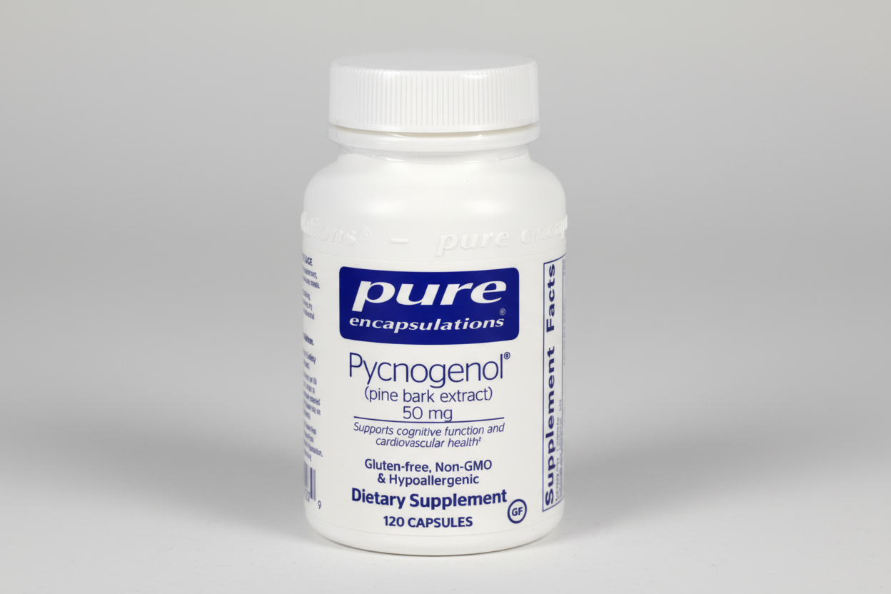 Supplement bottle labeled 'pure encapsulations' with Pycnogenol on a white background