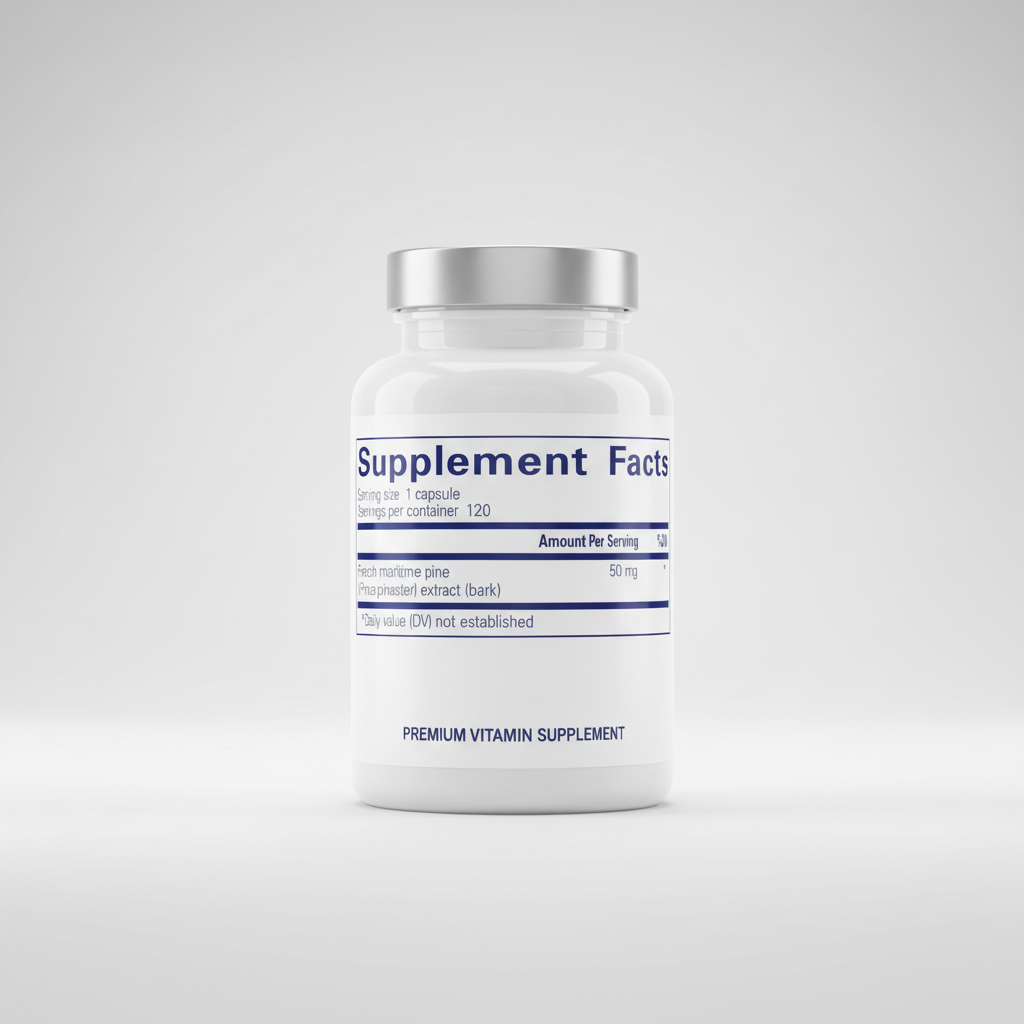 Supplement facts label with French maritime pine extract on a blue background