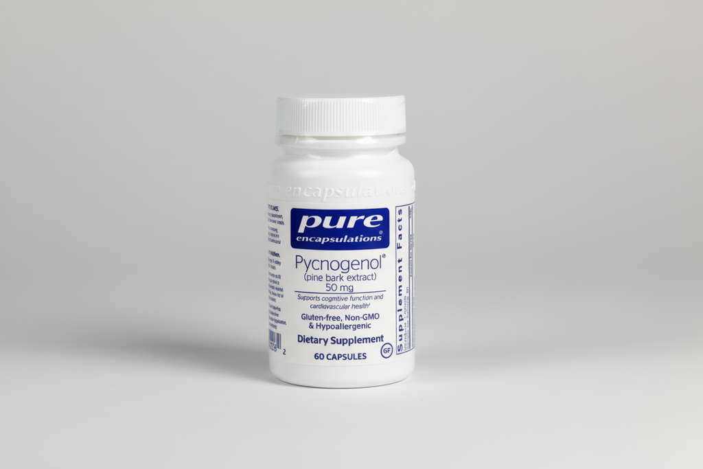 White supplement bottle labeled 'pure encapsulations' on a white background