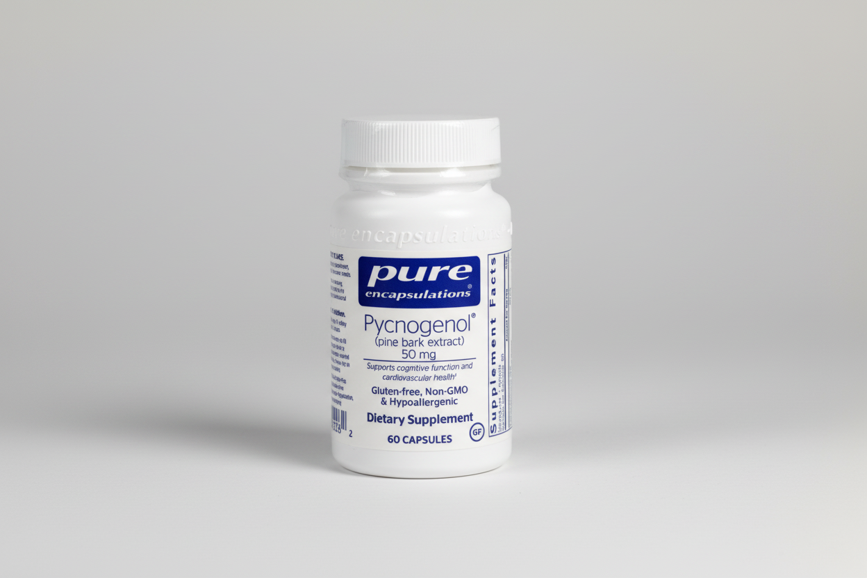 White supplement bottle labeled 'pure encapsulations' on a white background