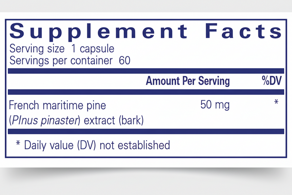 Supplement facts label with French maritime pine extract on a blue background