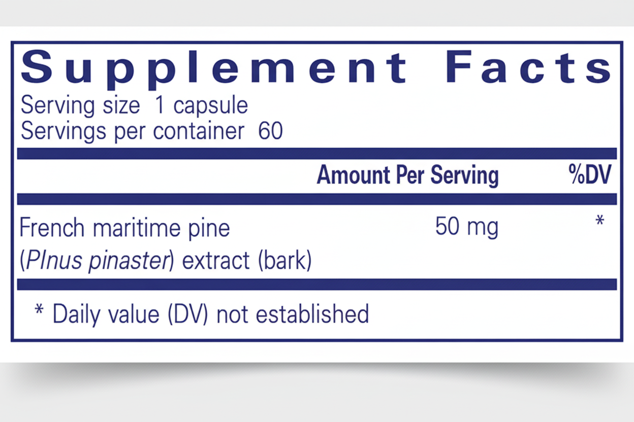 Supplement facts label with French maritime pine extract on a blue background