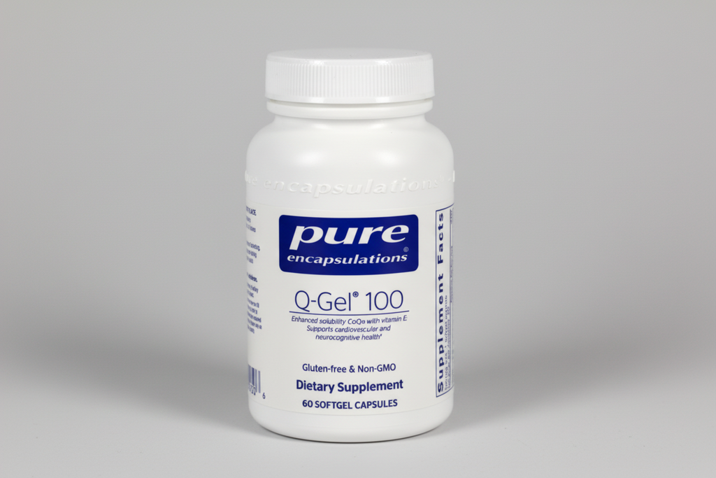 White supplement bottle labeled 'pure encapsulations Q-Gel 100' on a white background