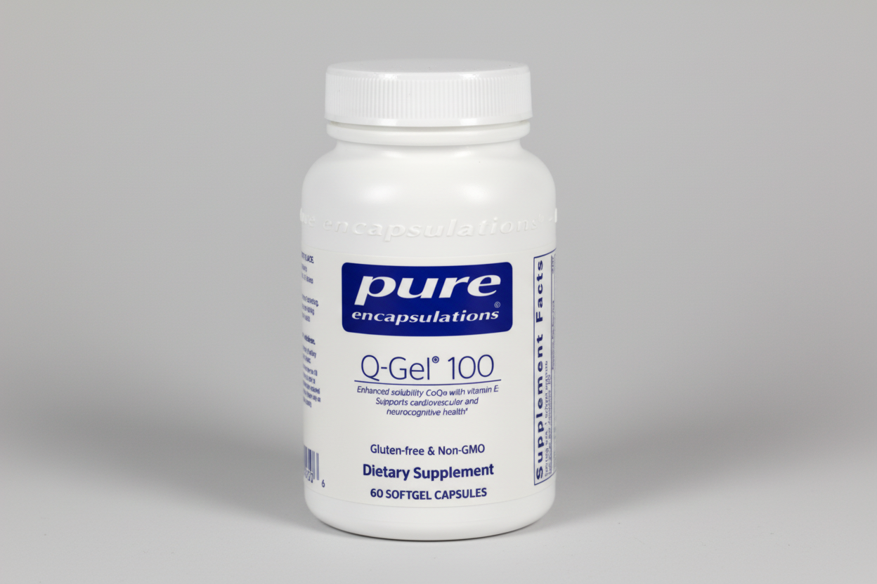 White supplement bottle labeled 'pure encapsulations Q-Gel 100' on a white background