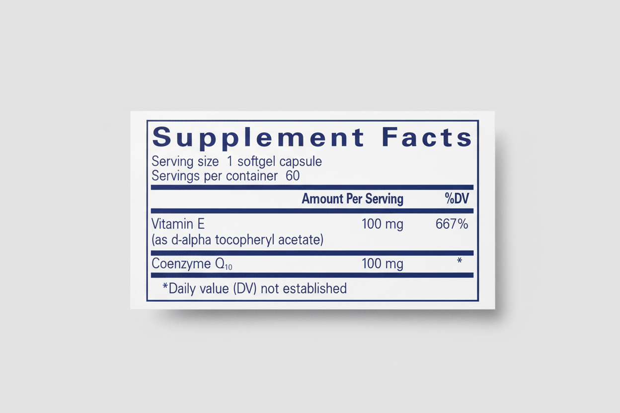 Supplement facts label with Vitamin E and Coenzyme Q10 on a blue background