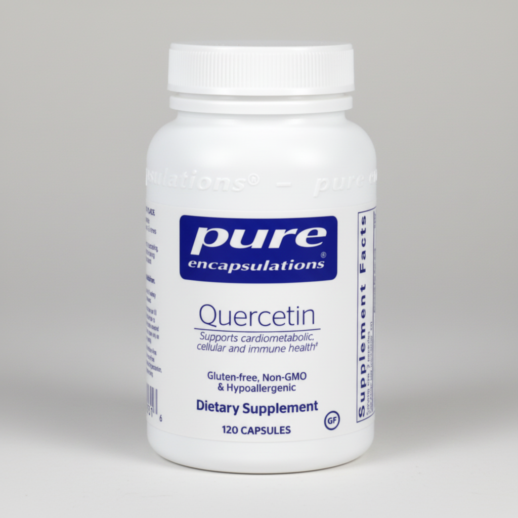 White supplement bottle labeled 'pure encapsulations Quercetin' on a white background