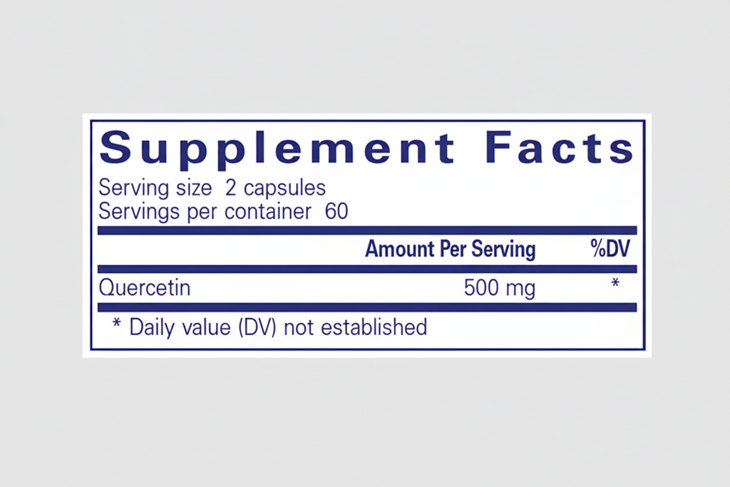 Supplement label with quercetin content on a blue background