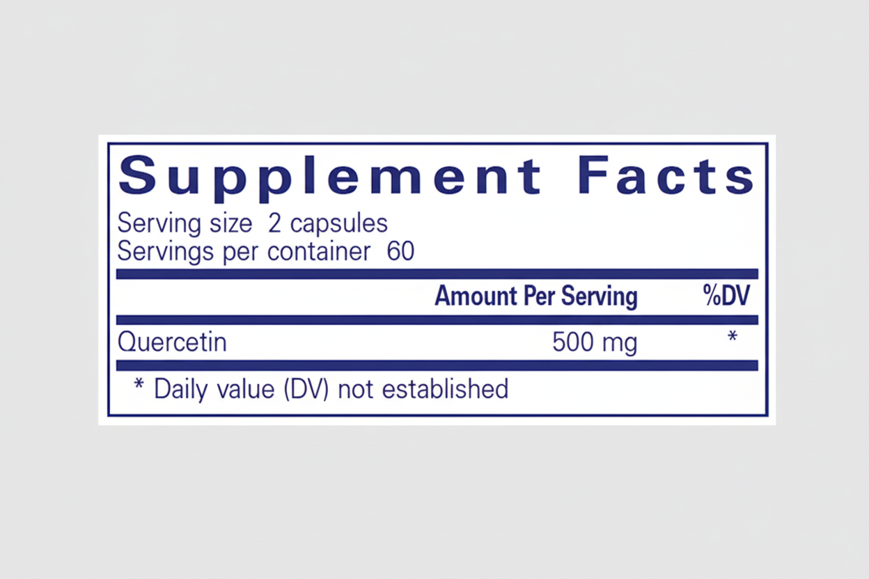Supplement label with quercetin content on a blue background