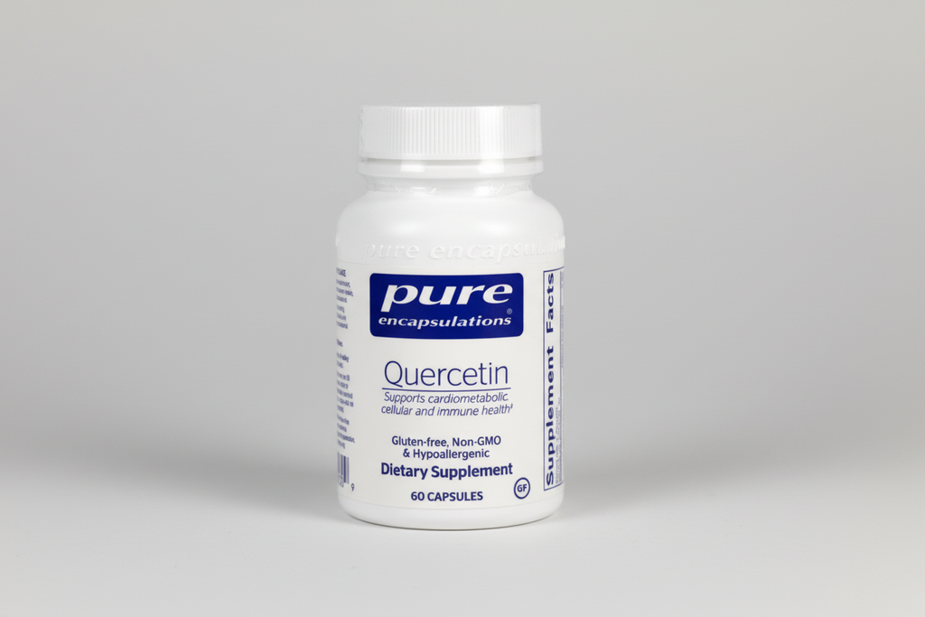 Supplement bottle labeled 'pure encapsulations Quercetin' on a white background