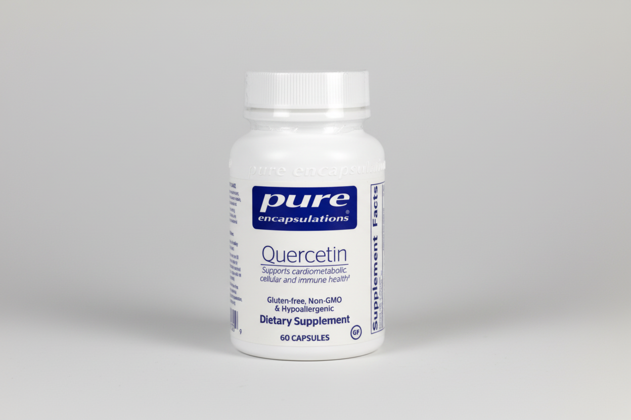 Supplement bottle labeled 'pure encapsulations Quercetin' on a white background