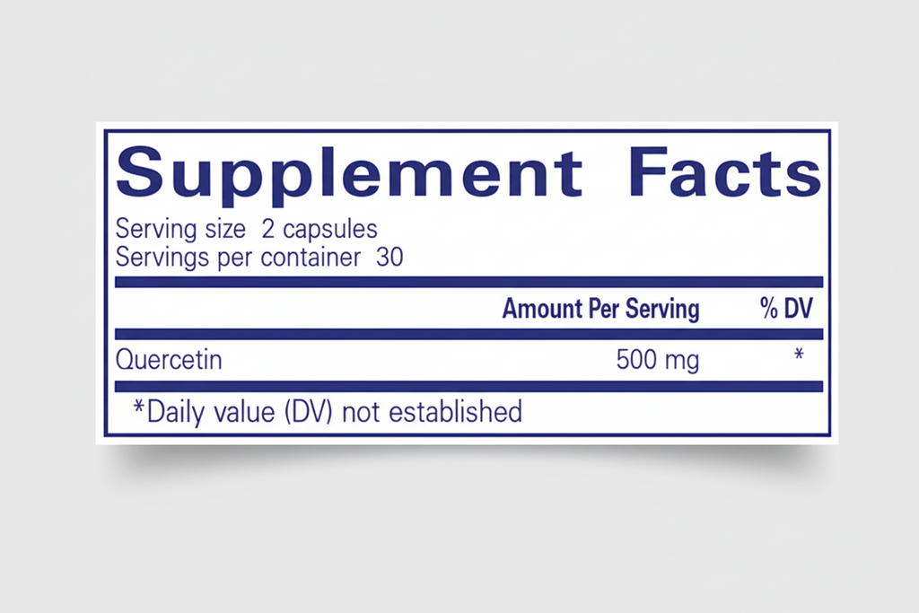 Supplement facts label with quercetin information on a blue background