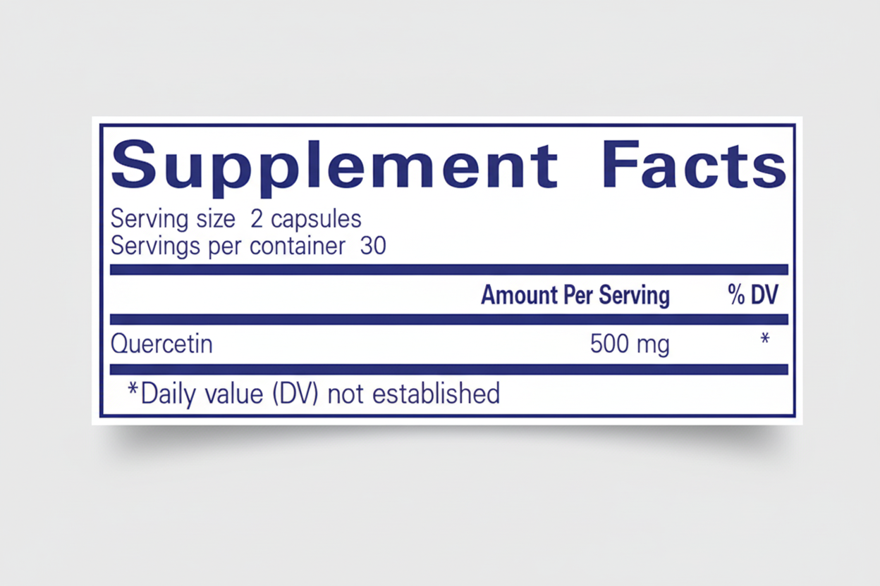 Supplement facts label with quercetin information on a blue background