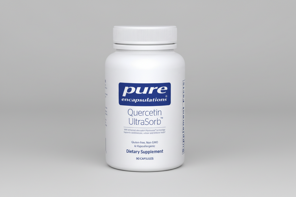 White supplement bottle labeled 'pure encapsulations Quercetin UltraSorb' on a white background