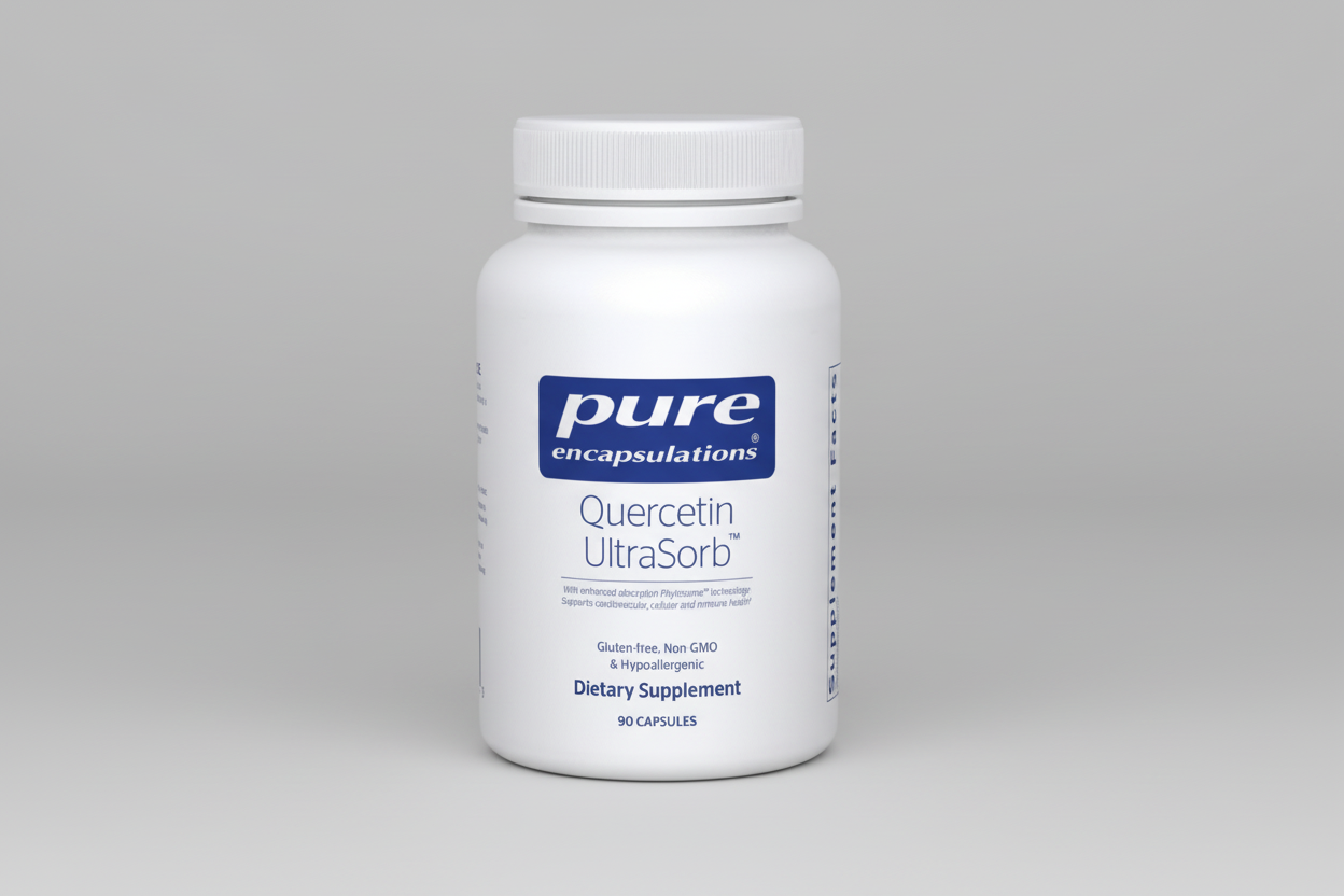 White supplement bottle labeled 'pure encapsulations Quercetin UltraSorb' on a white background