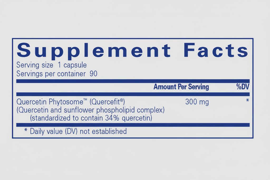 Supplement facts label for a product with 300 mg of Quercetin Phytosome per serving on a white background.