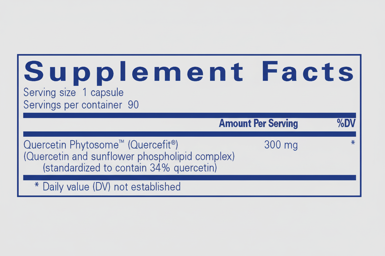 Supplement facts label for a product with 300 mg of Quercetin Phytosome per serving on a white background.