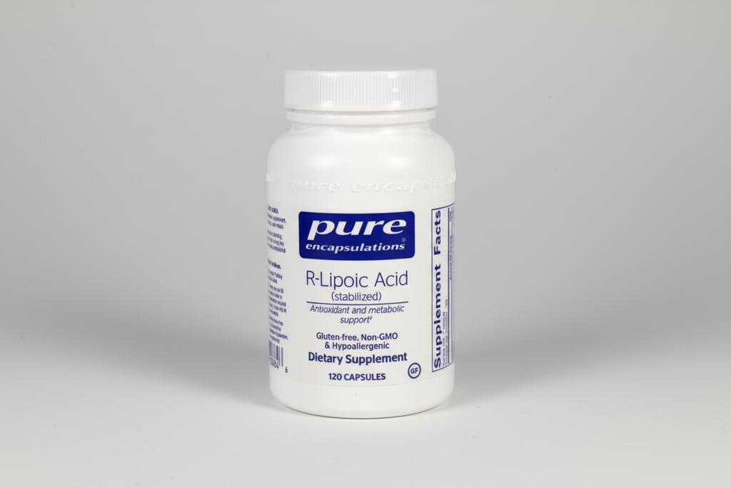 Supplement bottle labeled 'pure encapsulations R-Lipoic Acid' on a white background