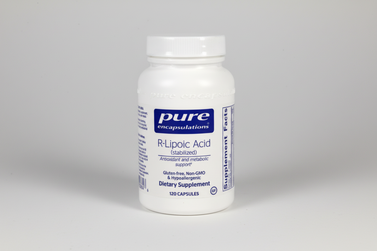 Supplement bottle labeled 'pure encapsulations R-Lipoic Acid' on a white background