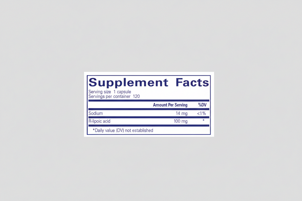 Supplement facts label with sodium and R-lipoic acid content on a blue background
