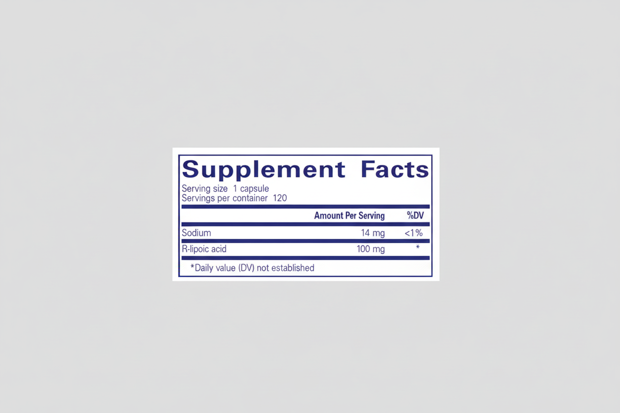 Supplement facts label with sodium and R-lipoic acid content on a blue background