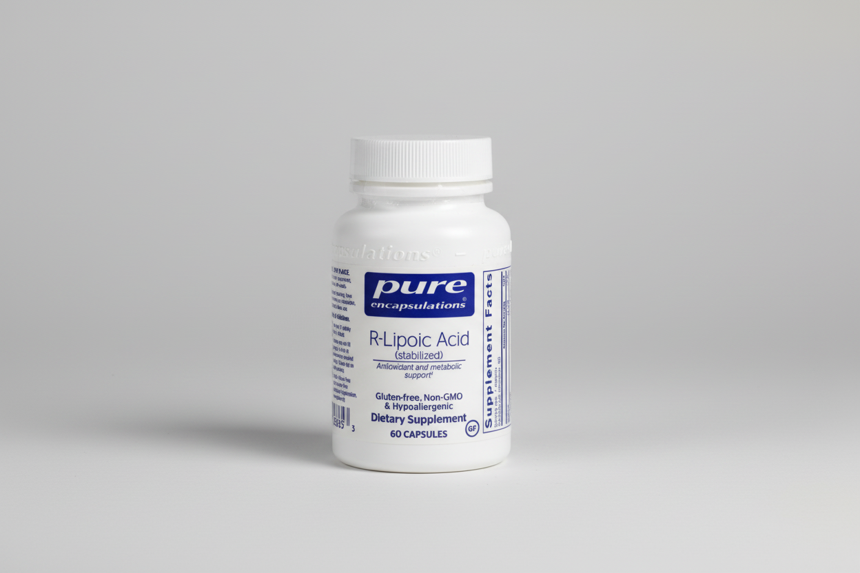 Supplement bottle labeled 'pure encapsulations R-Lipoic Acid' on a white background