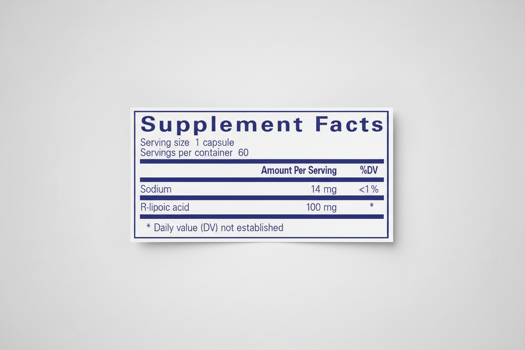 Supplement facts label with sodium and R-lipoic acid content on a blue background