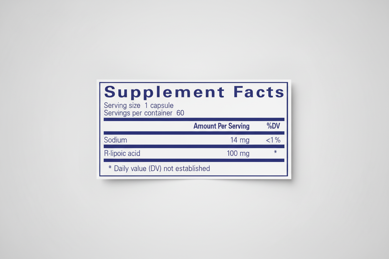 Supplement facts label with sodium and R-lipoic acid content on a blue background
