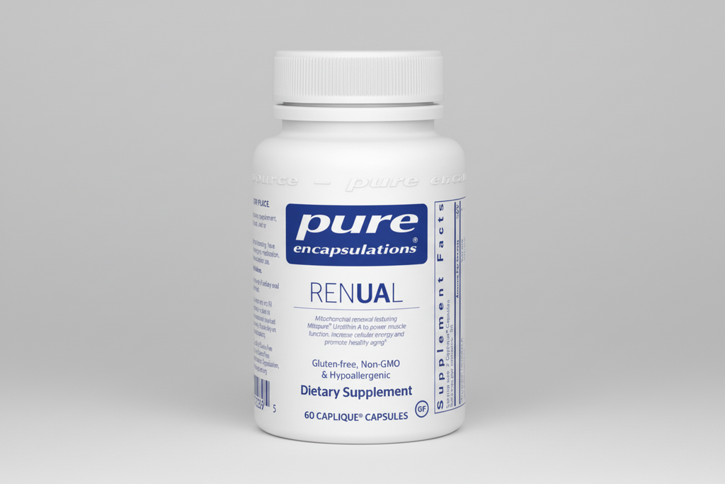 Supplement bottle labeled 'pure encapsulations Renual' on a white background