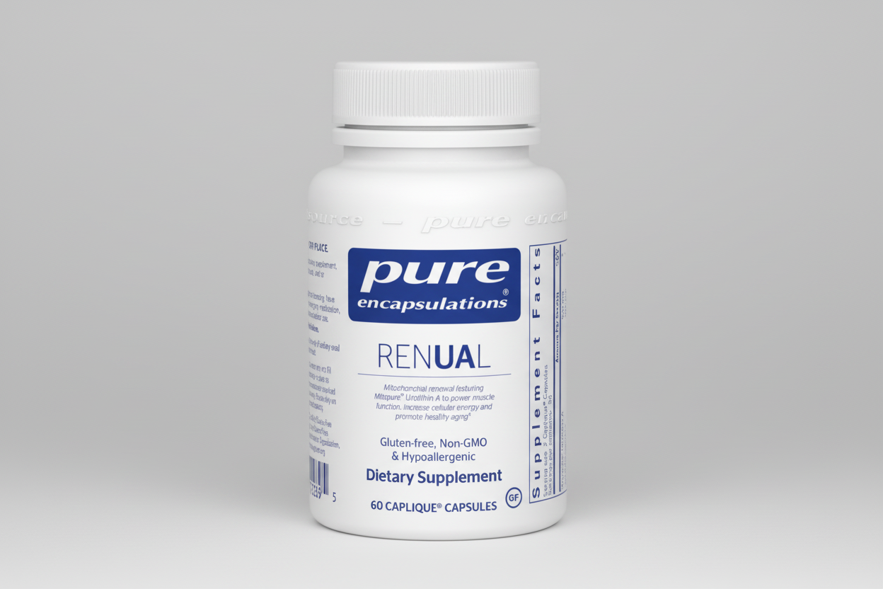Supplement bottle labeled 'pure encapsulations Renual' on a white background
