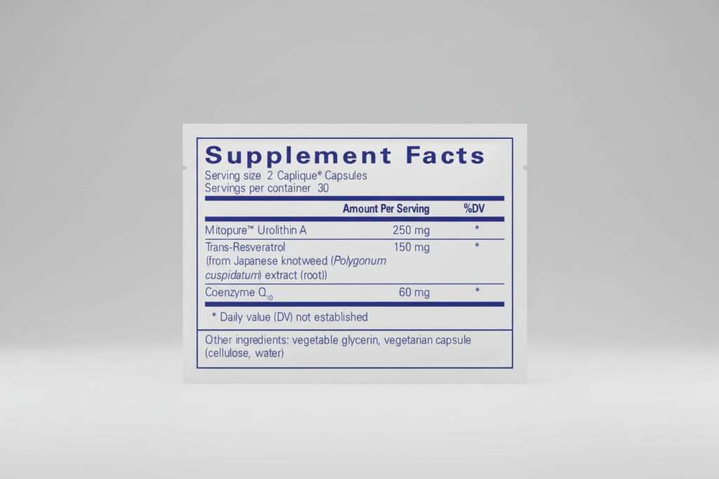 Supplement facts label for Mitopure Urolithin A with ingredients listed.